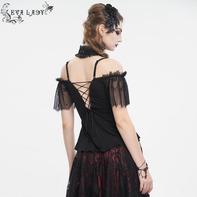 Women's Gothic Off Shoulder Lace Splice Shirt - Image 4