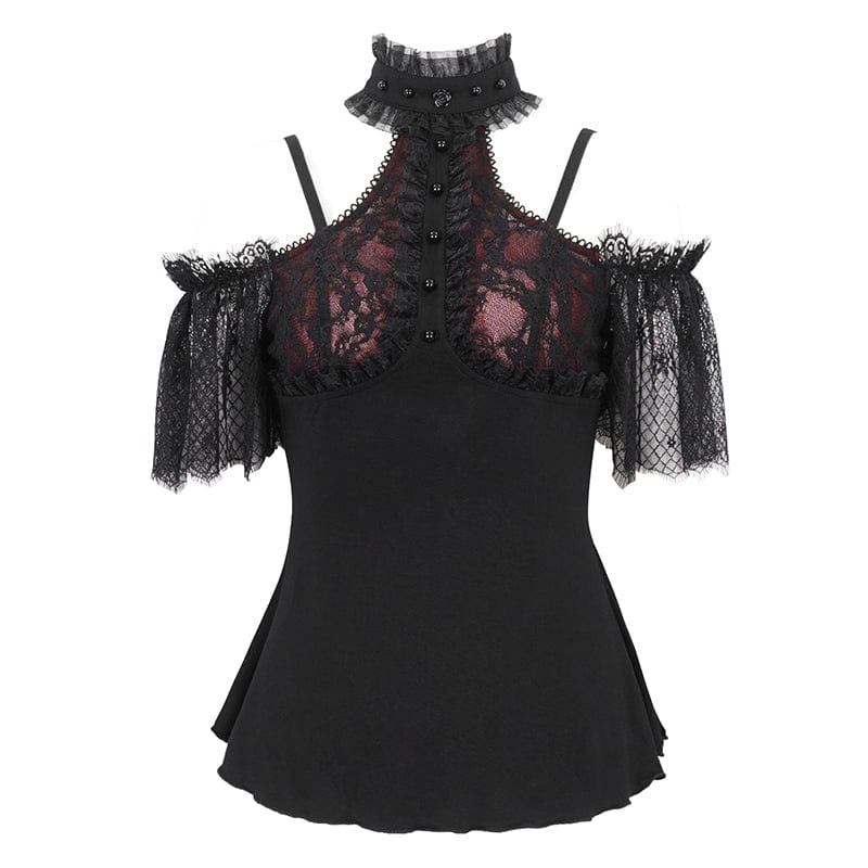 Women's Gothic Off Shoulder Lace Splice Shirt - Image 8