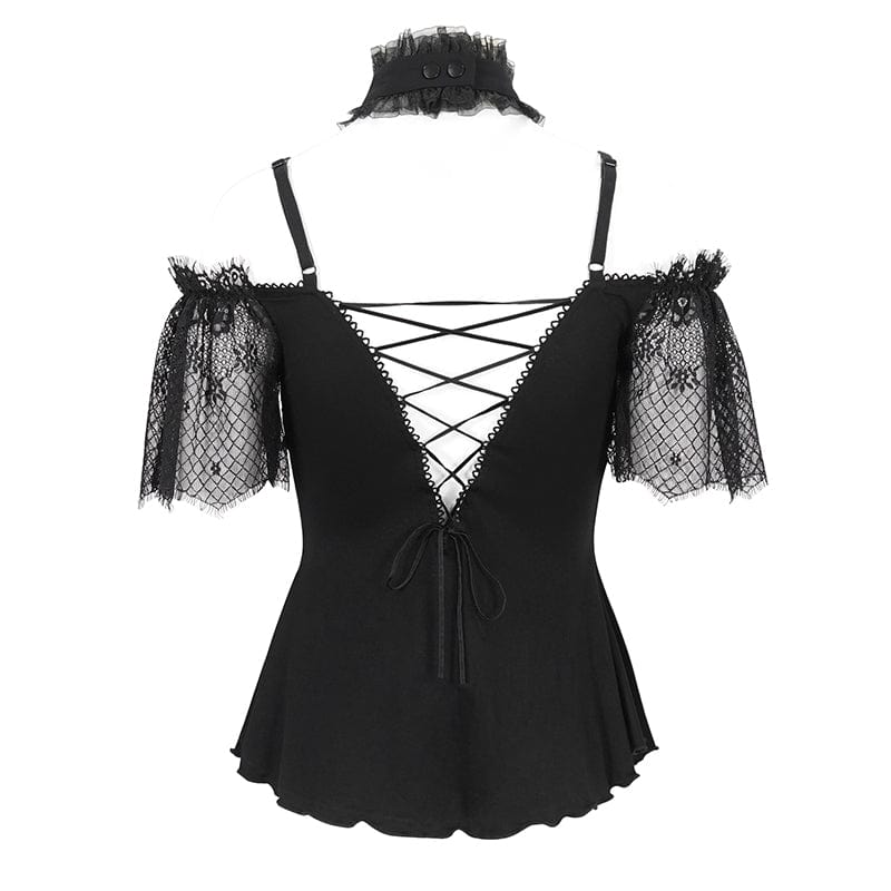 Women's Gothic Off Shoulder Lace Splice Shirt - Image 9