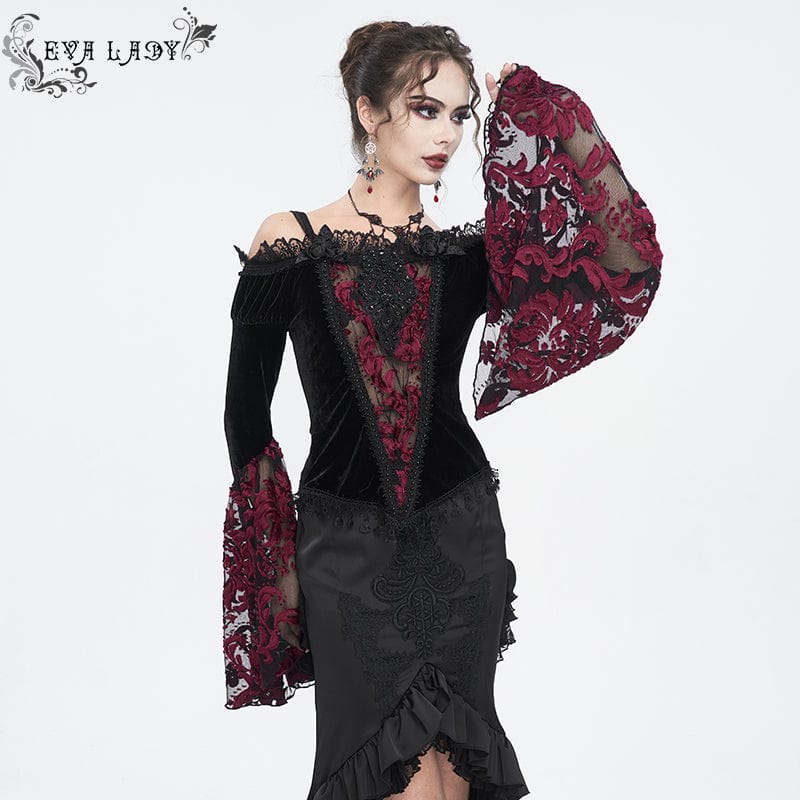 Women's Gothic Off Shoulder Lace Splice Velvet Shirt Red - Image 2