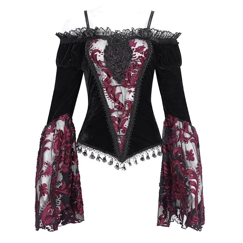 Women's Gothic Off Shoulder Lace Splice Velvet Shirt Red - Image 9