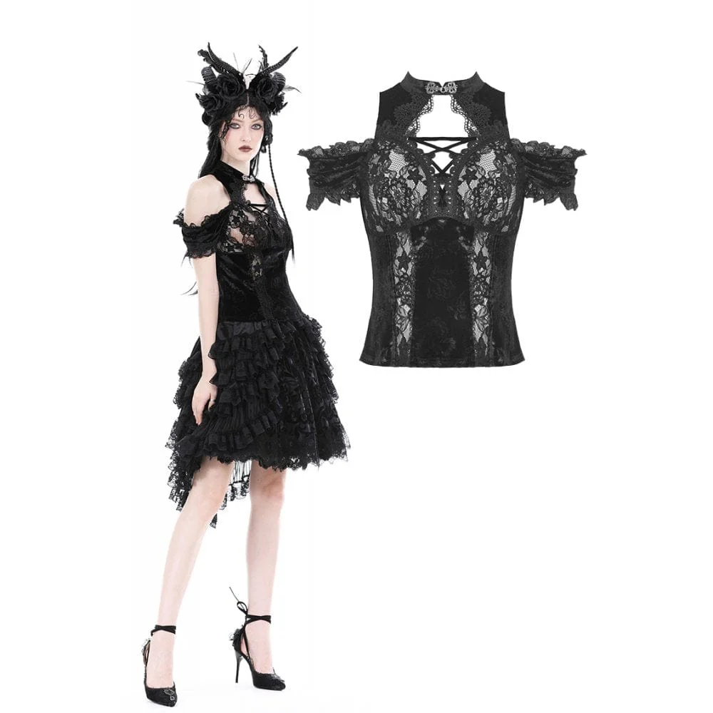 Women's Gothic Off Shoulder Lace Splice Velvet Top