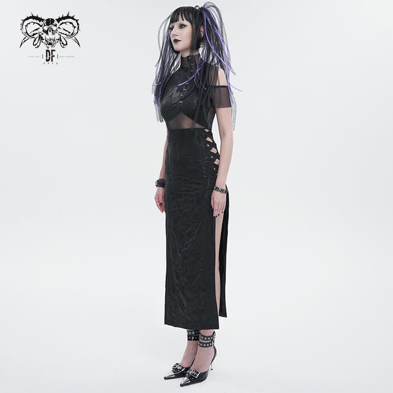 Women's Gothic Off Shoulder Mesh Splice Split Dress - Image 3