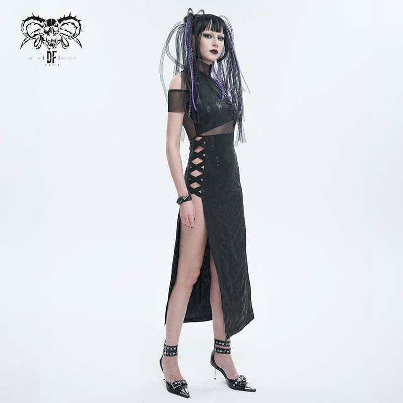 Women's Gothic Off Shoulder Mesh Splice Split Dress - Image 4