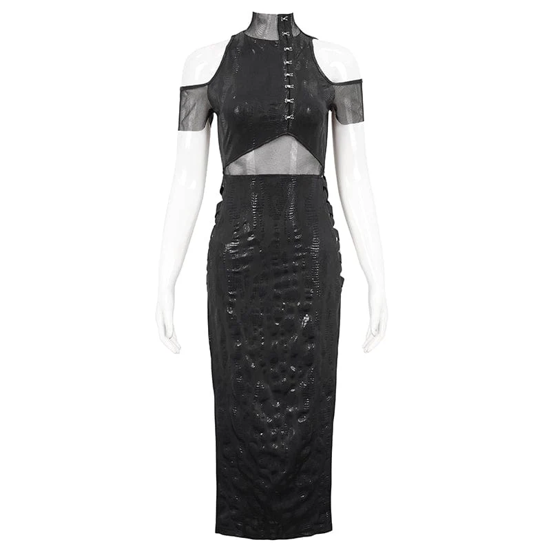 Women's Gothic Off Shoulder Mesh Splice Split Dress - Image 6
