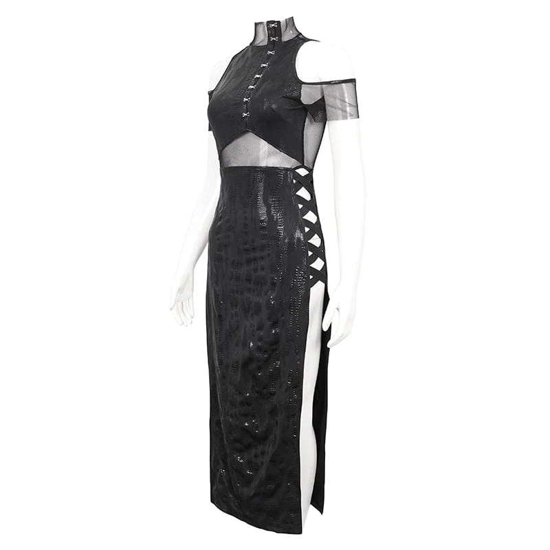 Women's Gothic Off Shoulder Mesh Splice Split Dress - Image 7
