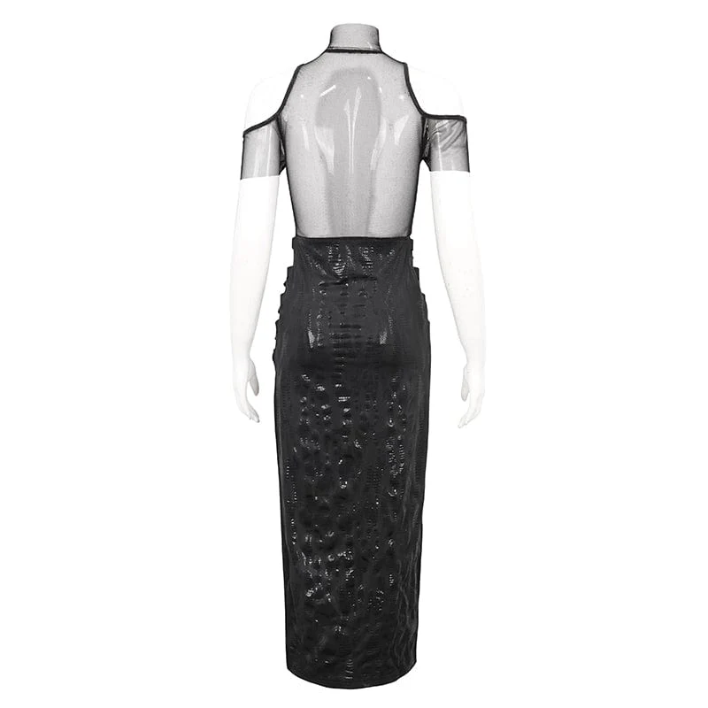 Women's Gothic Off Shoulder Mesh Splice Split Dress - Image 8