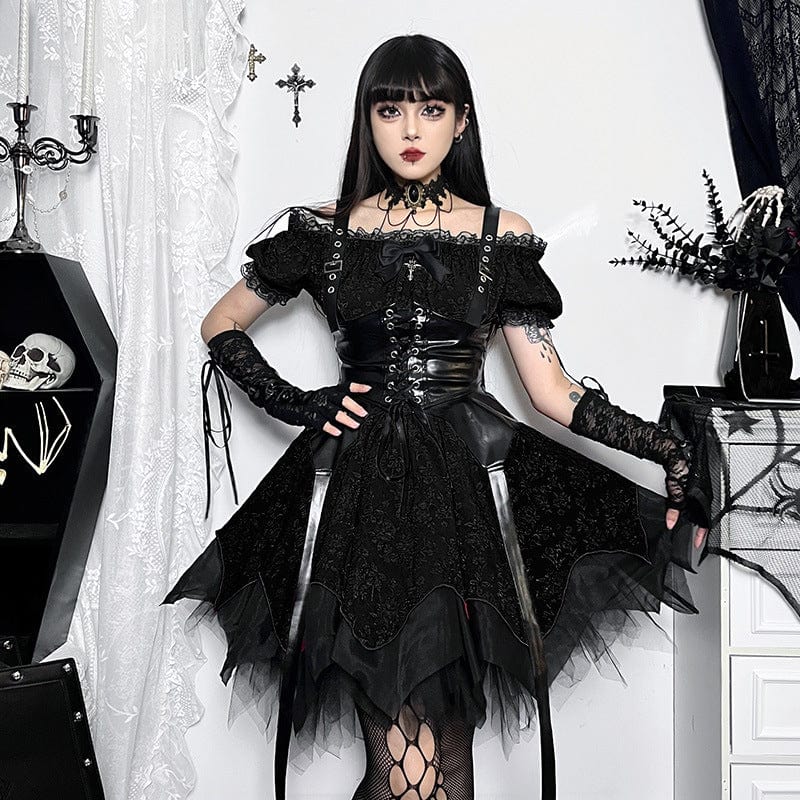 Women's Gothic Off Shoulder Puff Sleeved Multi-layer Short Dress - Image 5