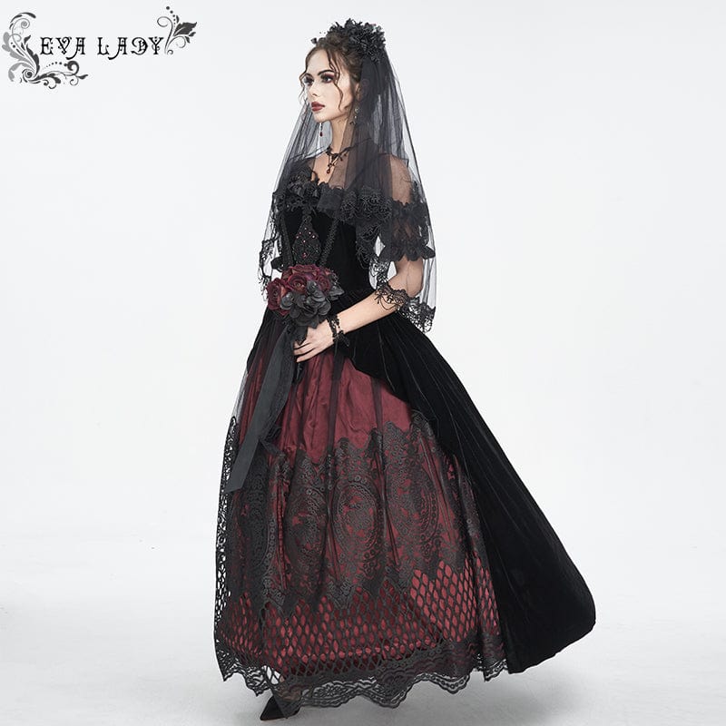 Women's Gothic Off Shoulder Rose Beaded Velvet Red Dress Wedding Dress - Image 4
