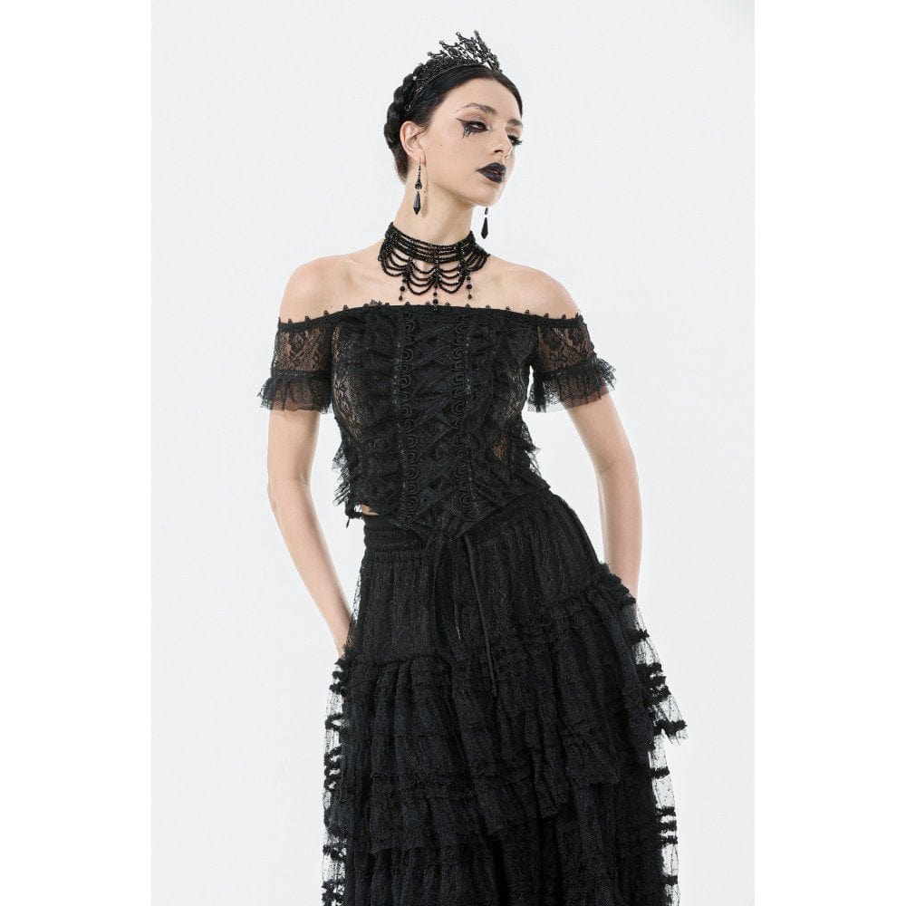 Women's Gothic Off Shoulder Ruffles Lace Top - Image 2