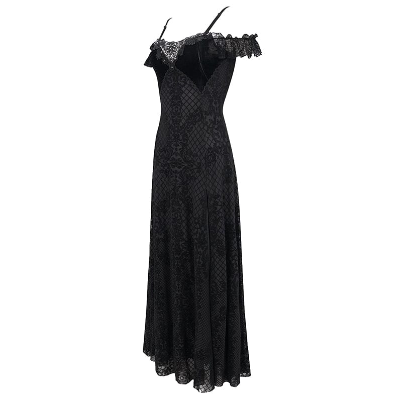 Women's Gothic Off Shoulder Side Slit Floral Lace Wedding Dress - Image 6