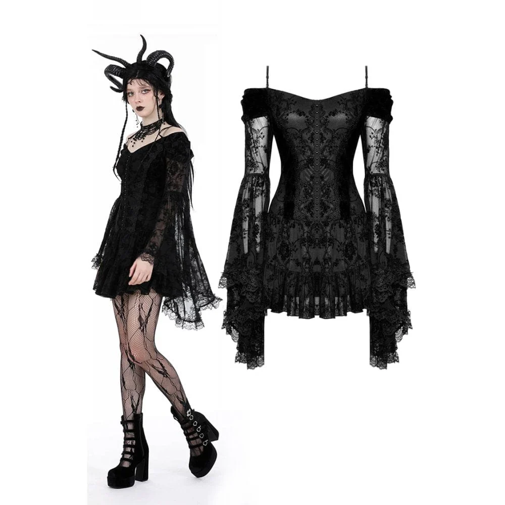 Women's Gothic Off Shoulder Velvet Splice Mesh Dress Graduation Dress