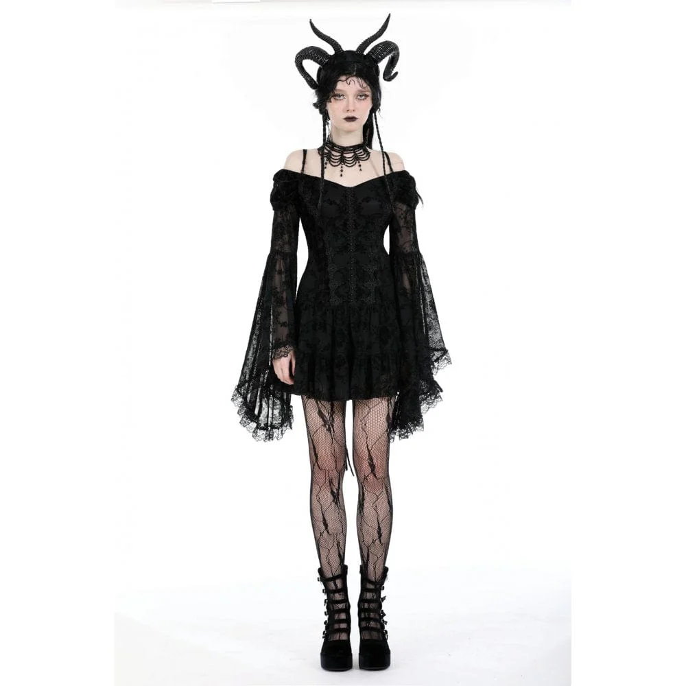 Women's Gothic Off Shoulder Velvet Splice Mesh Dress Graduation Dress - Image 2