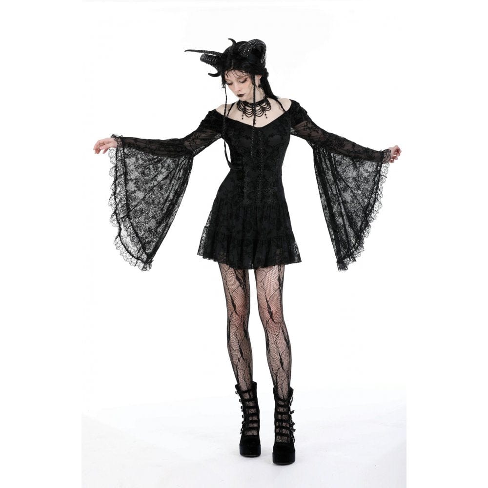 Women's Gothic Off Shoulder Velvet Splice Mesh Dress Graduation Dress - Image 3