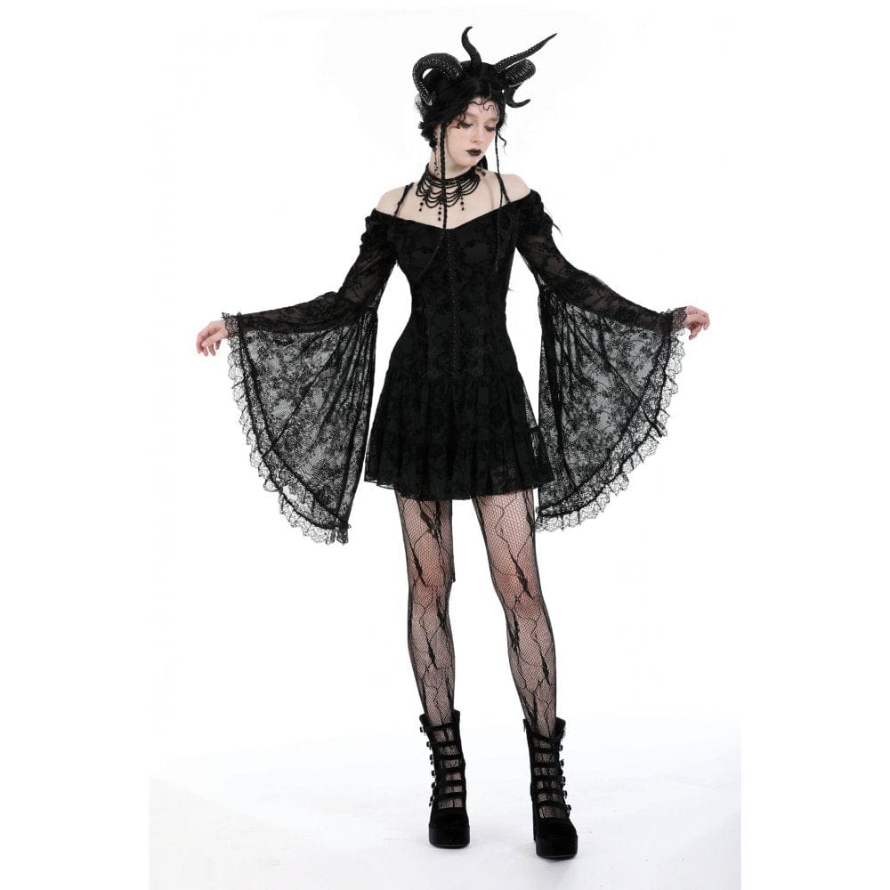 Women's Gothic Off Shoulder Velvet Splice Mesh Dress Graduation Dress - Image 4