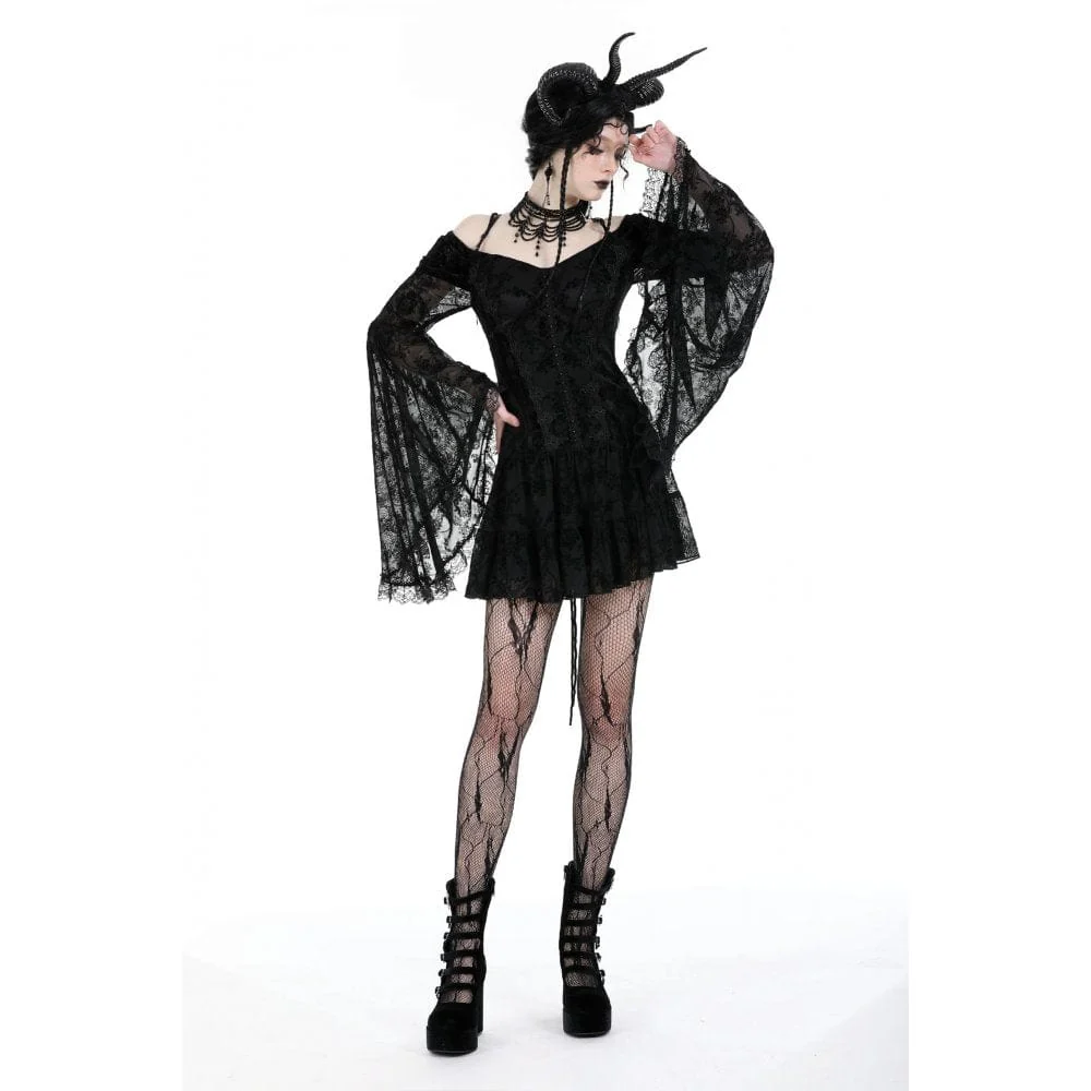 Women's Gothic Off Shoulder Velvet Splice Mesh Dress Graduation Dress - Image 5