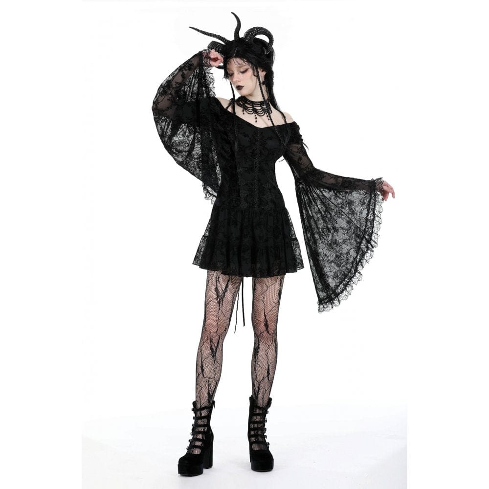 Women's Gothic Off Shoulder Velvet Splice Mesh Dress Graduation Dress - Image 6