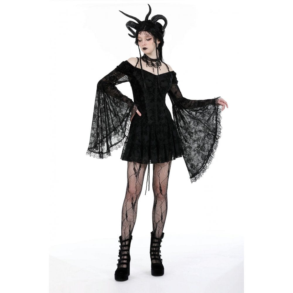 Women's Gothic Off Shoulder Velvet Splice Mesh Dress Graduation Dress - Image 7