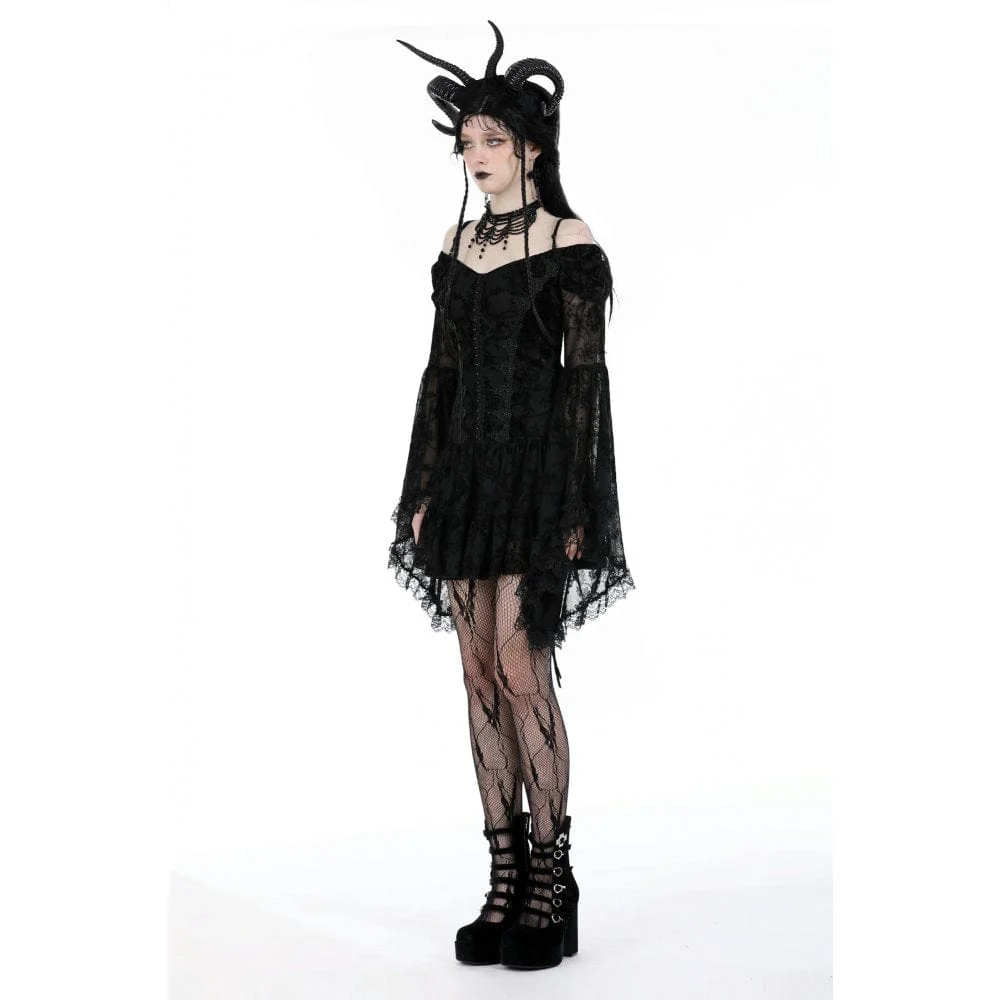 Women's Gothic Off Shoulder Velvet Splice Mesh Dress Graduation Dress - Image 8
