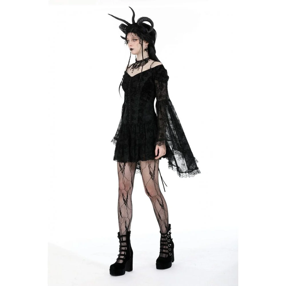 Women's Gothic Off Shoulder Velvet Splice Mesh Dress Graduation Dress - Image 9