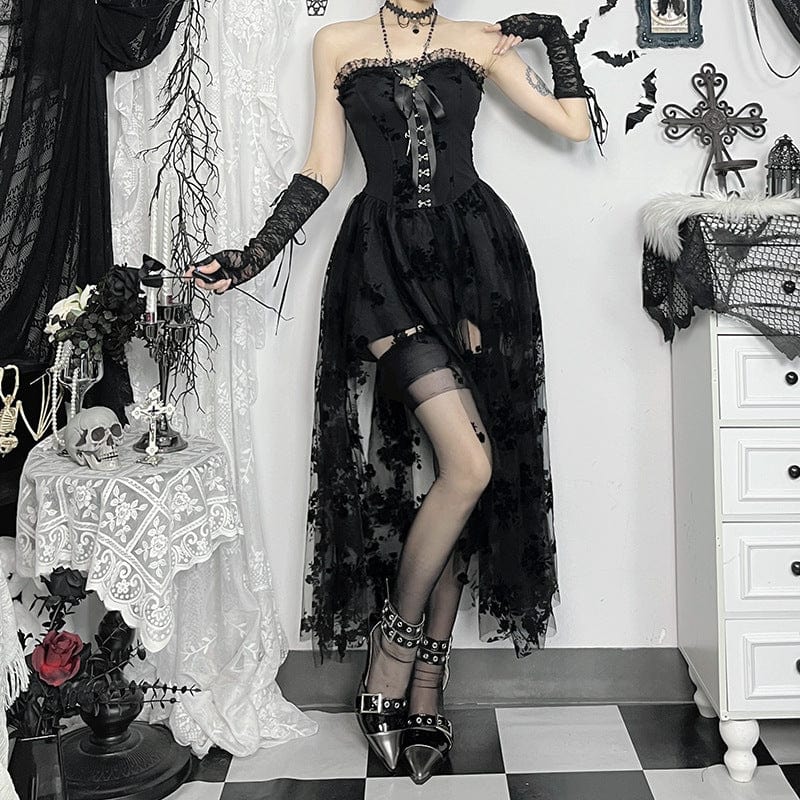 Women's Gothic Off-the-shoulder Floral Mesh Splice Party Dress - Image 2