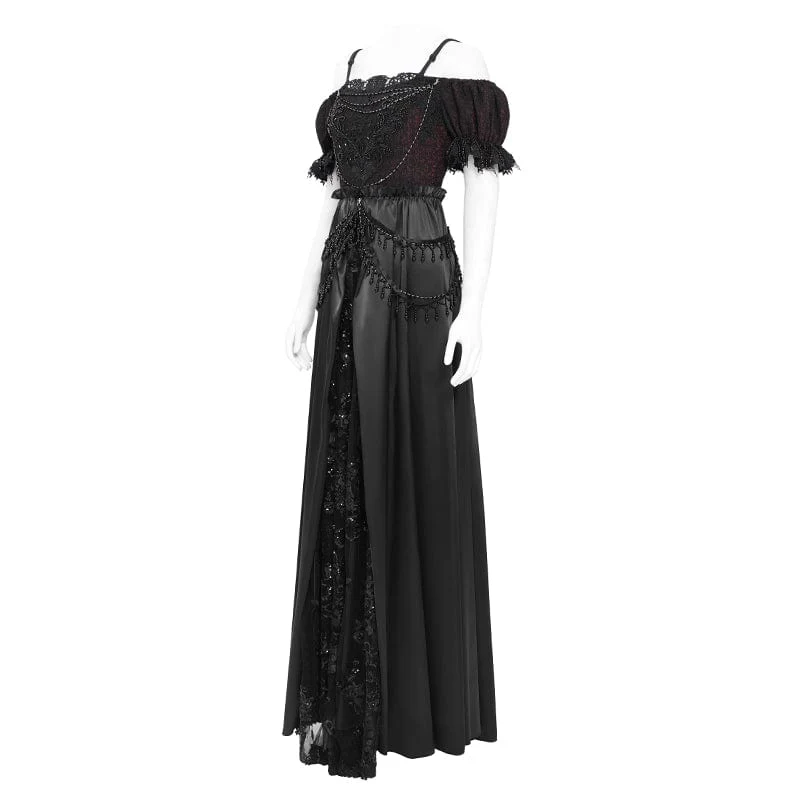 Women's Gothic Off-the-shoulder Lace Splice Prom Dress Wedding Dress Black - Image 8