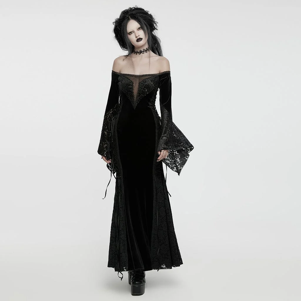 Women's Gothic Off-the-shoulder Lace Splice Velvet Gown Dress - Image 4