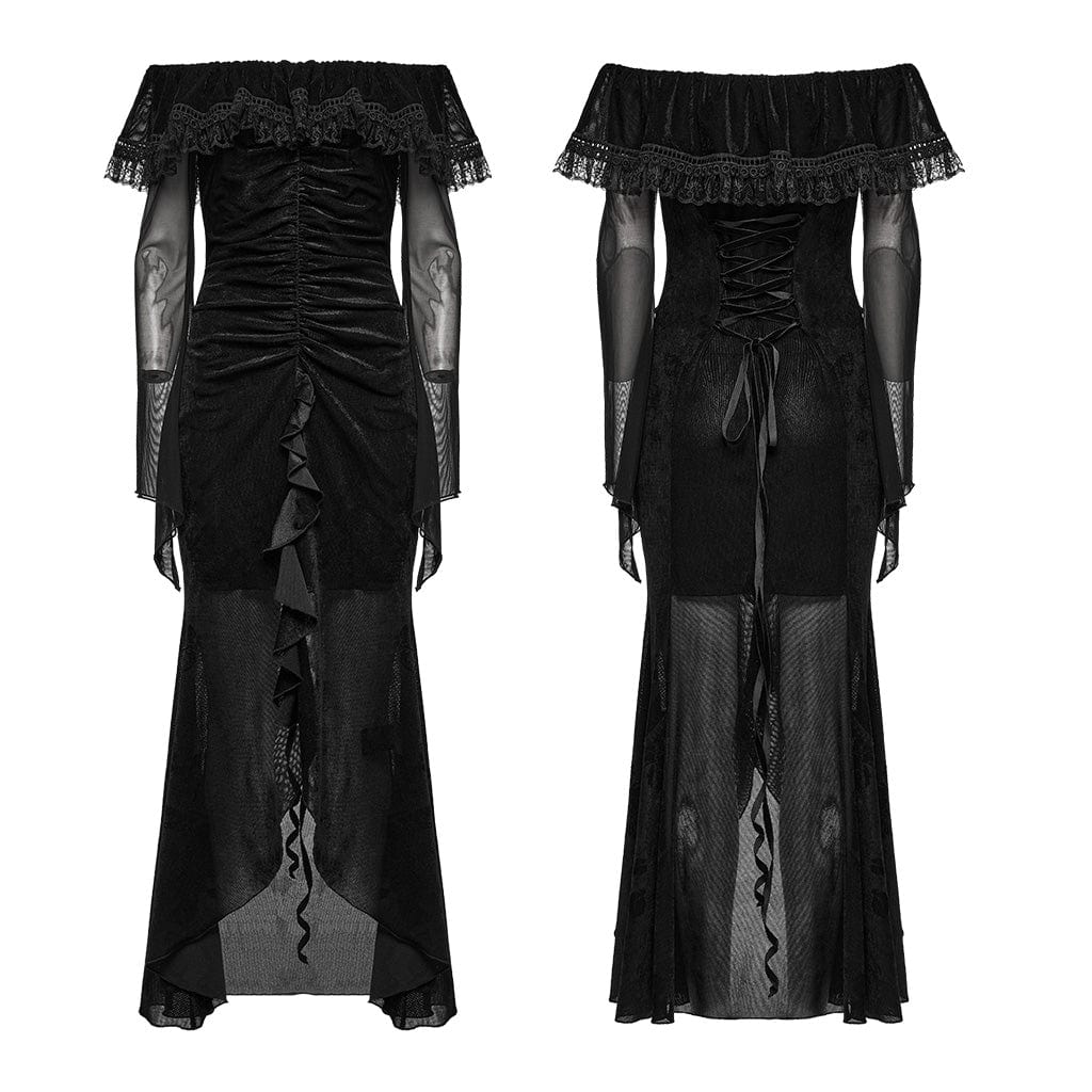 Women's Gothic Off-the-shoulder Ruffled Mesh Prom Dress - Image 5