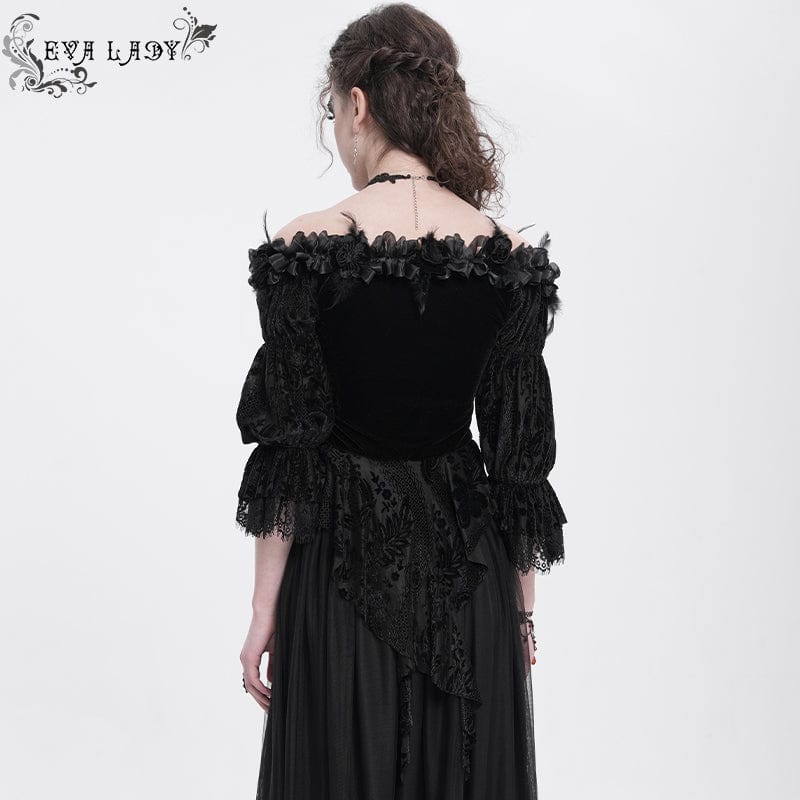 Women's Gothic Off-the-shoulder Ruffled Velvet Shirt Black - Image 4