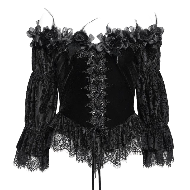 Women's Gothic Off-the-shoulder Ruffled Velvet Shirt Black - Image 7