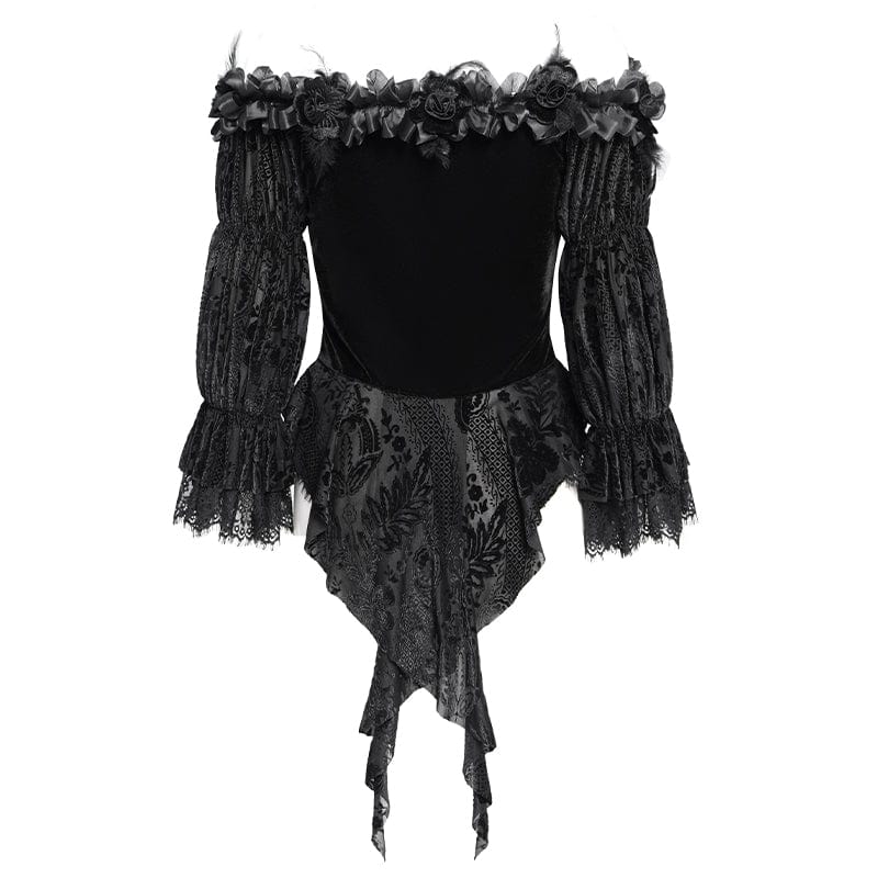 Women's Gothic Off-the-shoulder Ruffled Velvet Shirt Black - Image 9