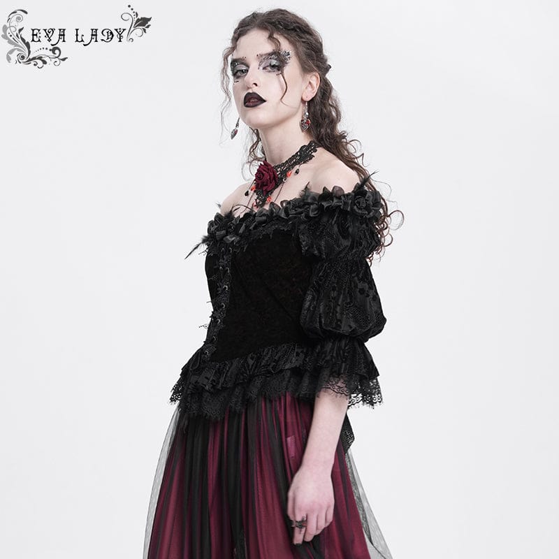 Women's Gothic Off-the-shoulder Ruffled Velvet Shirt Red - Image 3