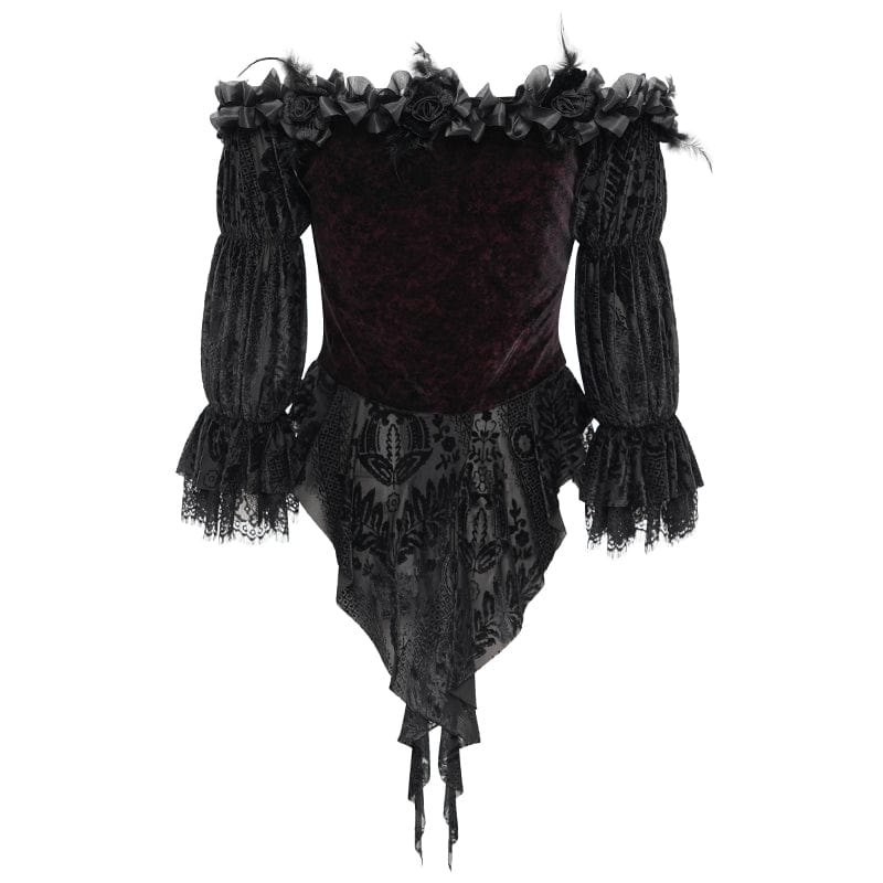 Women's Gothic Off-the-shoulder Ruffled Velvet Shirt Red - Image 9