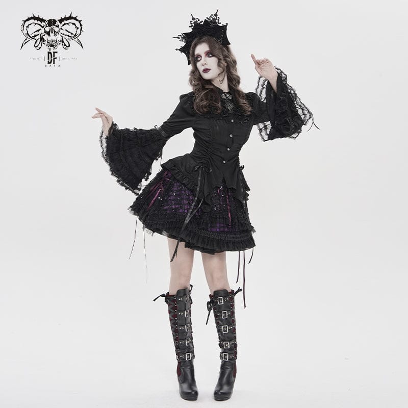 Women's Gothic Pinstripe Drawstring Flared Sleeved Shirt Black - Image 6