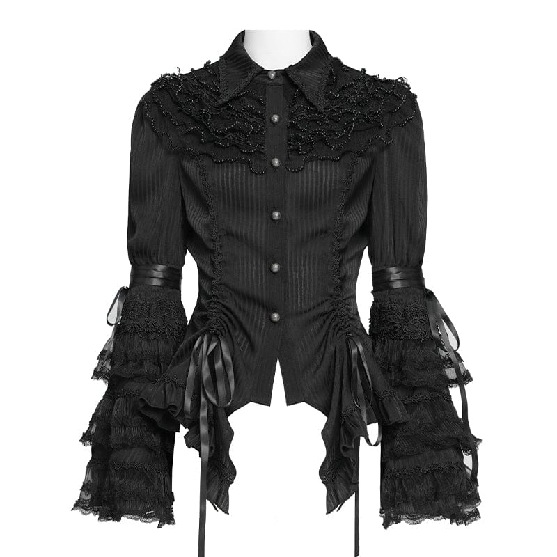 Women's Gothic Pinstripe Drawstring Flared Sleeved Shirt Black - Image 7