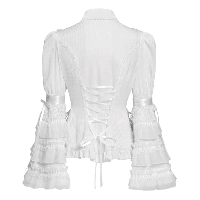 Women's Gothic Pinstripe Drawstring Flared Sleeved Shirt White - Image 8