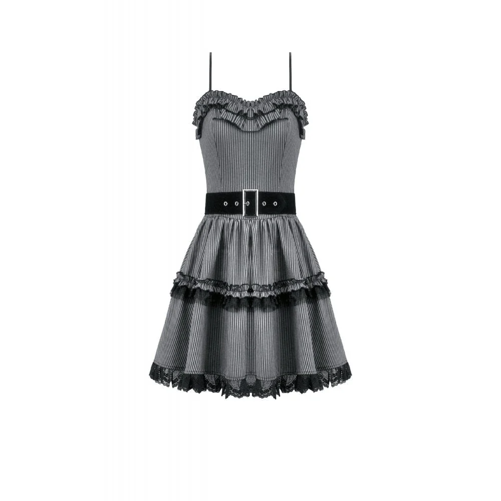 Women's Gothic Pinstripe Multilayer Falbala Slip Dress Graduation Dress - Image 10