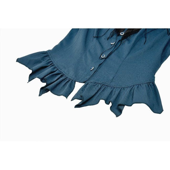 Women's Gothic Pinstripe Puff Sleeved Shirt with Detachable Bat Bow Tie - Image 14