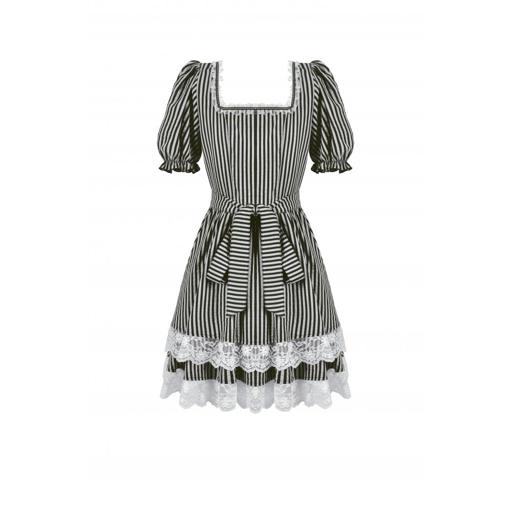 Women's Gothic Pinstripes Ruffles Lace Hem Dress - Image 15