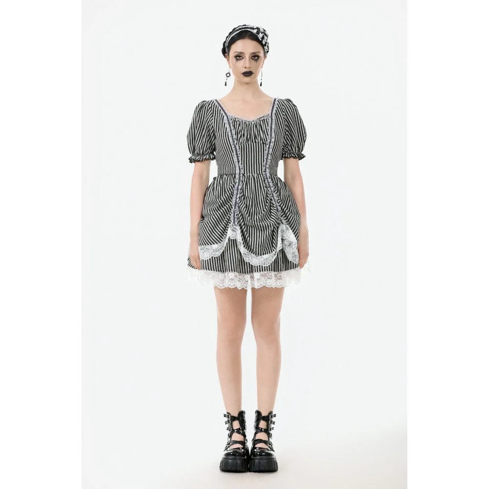 Women's Gothic Pinstripes Ruffles Lace Hem Dress - Image 4