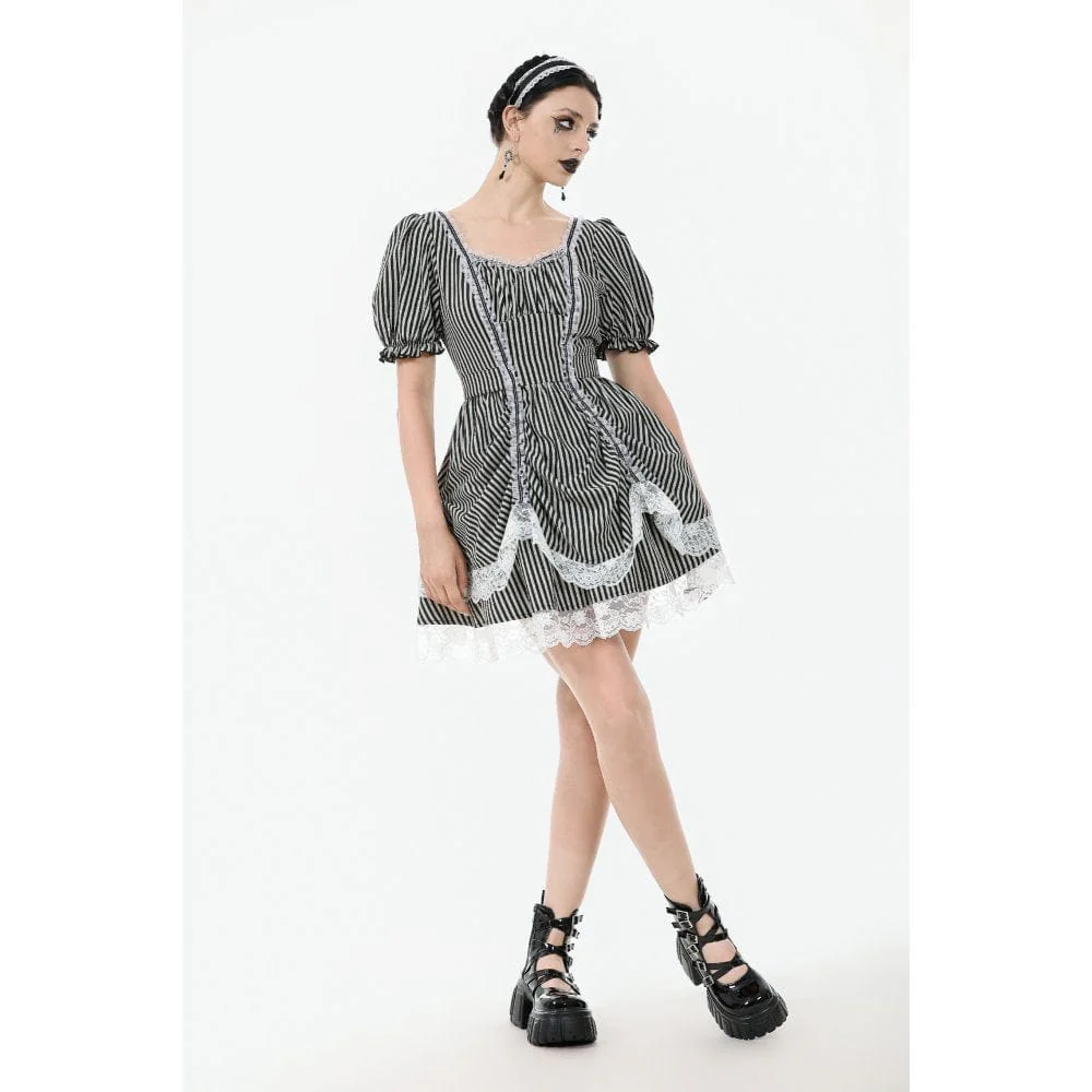 Women's Gothic Pinstripes Ruffles Lace Hem Dress - Image 5