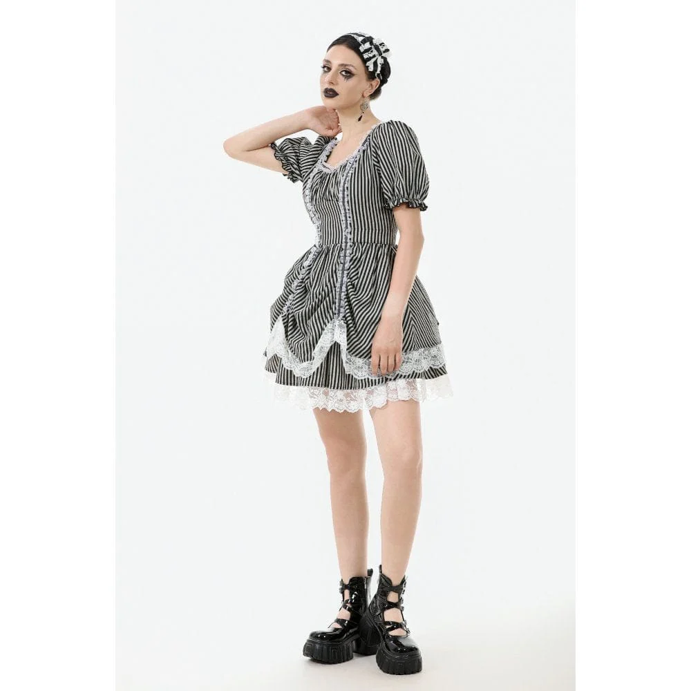 Women's Gothic Pinstripes Ruffles Lace Hem Dress - Image 7