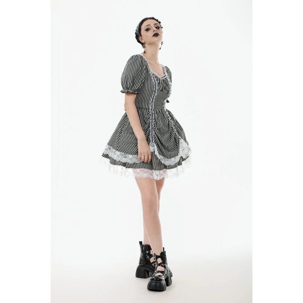 Women's Gothic Pinstripes Ruffles Lace Hem Dress - Image 9