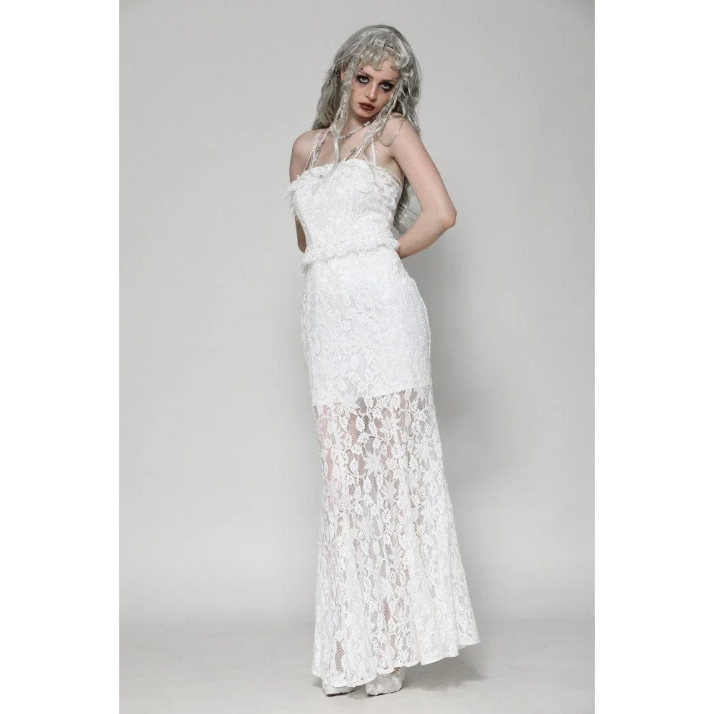 Women's Gothic Pleated Lace Slip Dress Wedding Dress White - Image 4