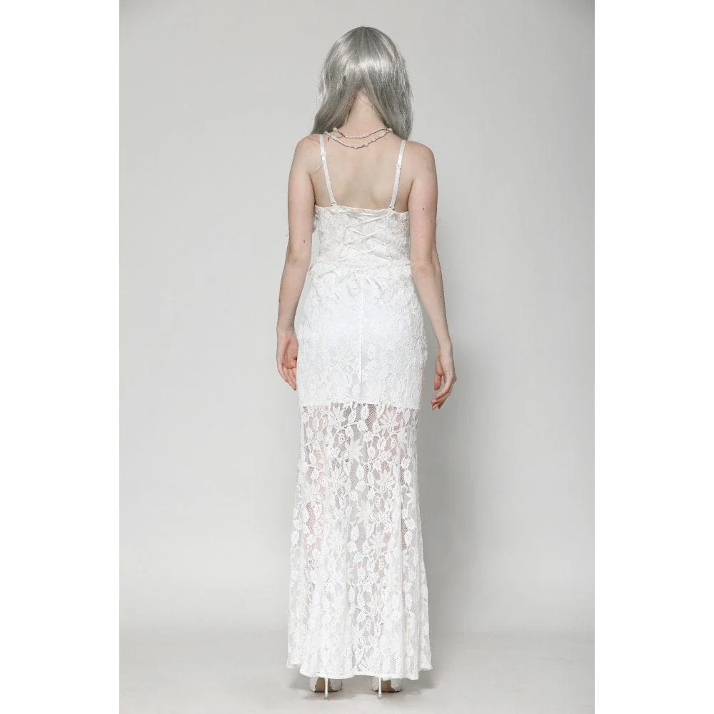 Women's Gothic Pleated Lace Slip Dress Wedding Dress White - Image 7