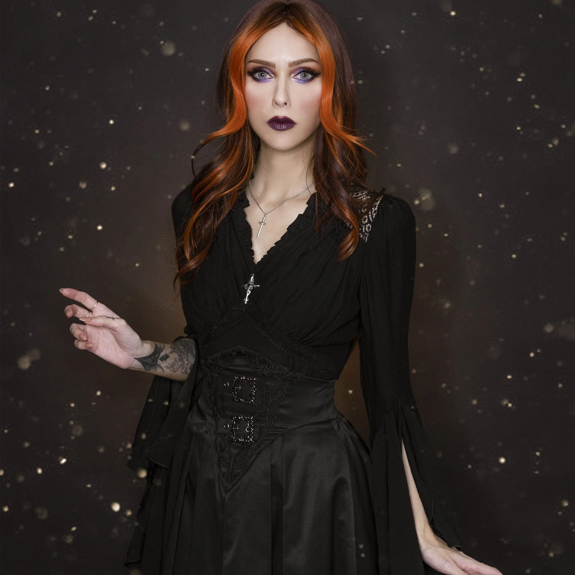 Women's Gothic Pleated Toned Horn Long Sleeved Shirt - Image 3