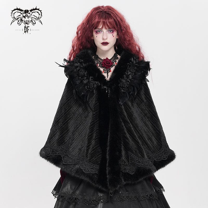 Women's Gothic Plumed Floral Embroidered Cape