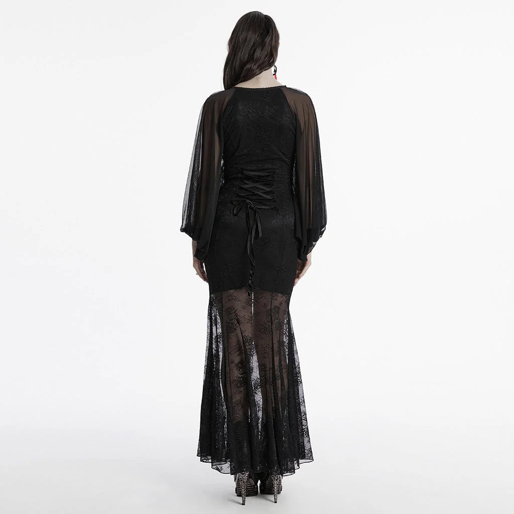 Women's Gothic Plunging Batwing Sleeved Fishtail Dress - Image 3