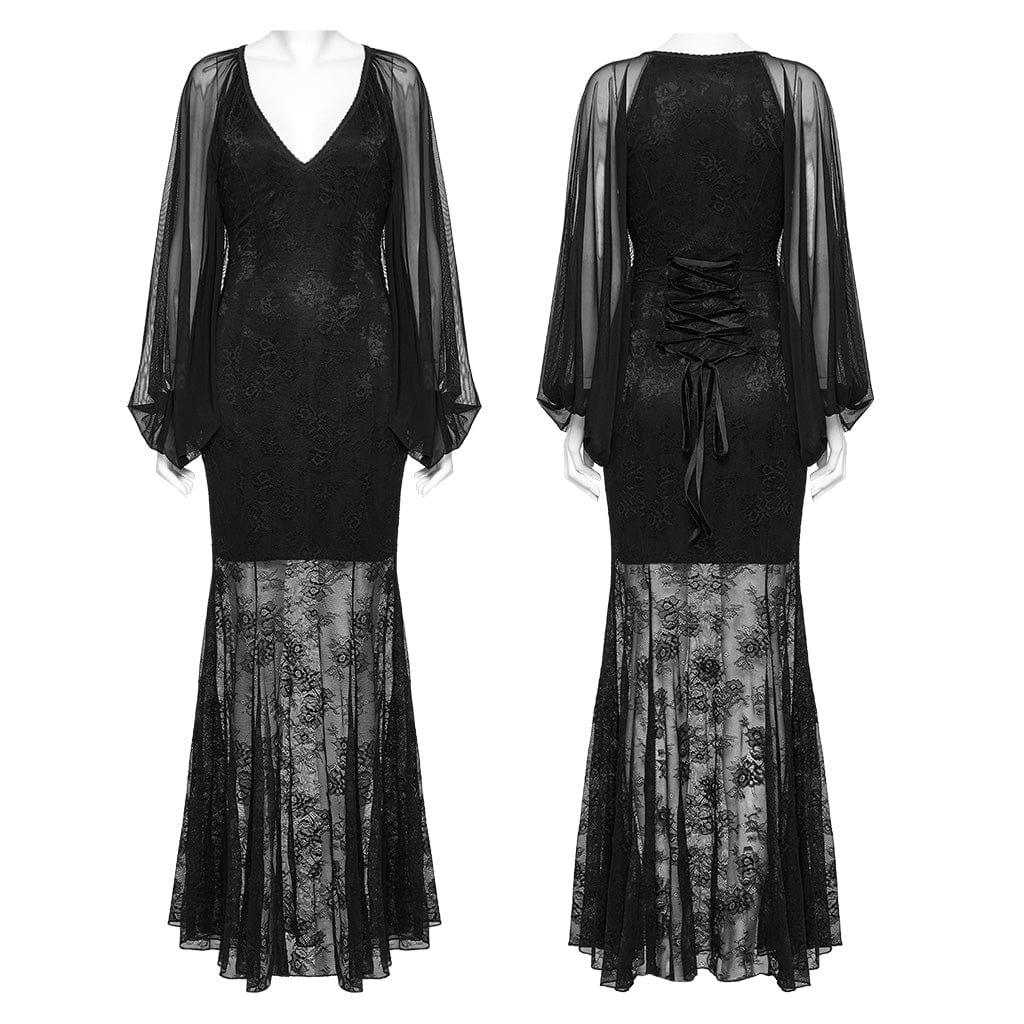 Women's Gothic Plunging Batwing Sleeved Fishtail Dress - Image 5