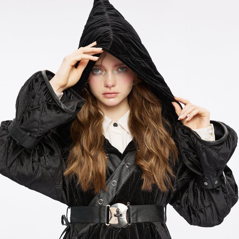 Women's Gothic Plunging Coat with Detachable Hood&Belt - Image 5